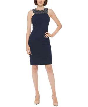 NWT Calvin Klein Womens Navy Blue Sleeveless Sheath Dress Size 4 Embellished